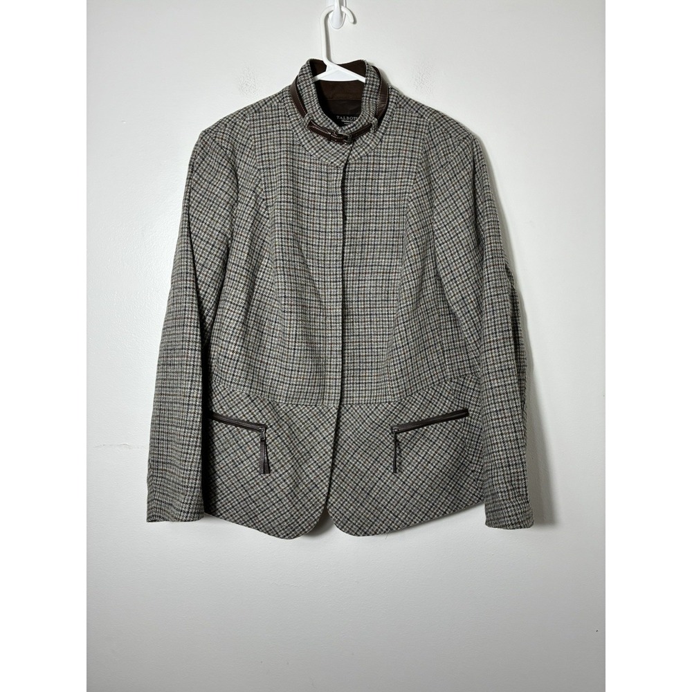 TALBOTS Plaid Wool Zip Jacket 16W English Countryside Equestrian Neutral